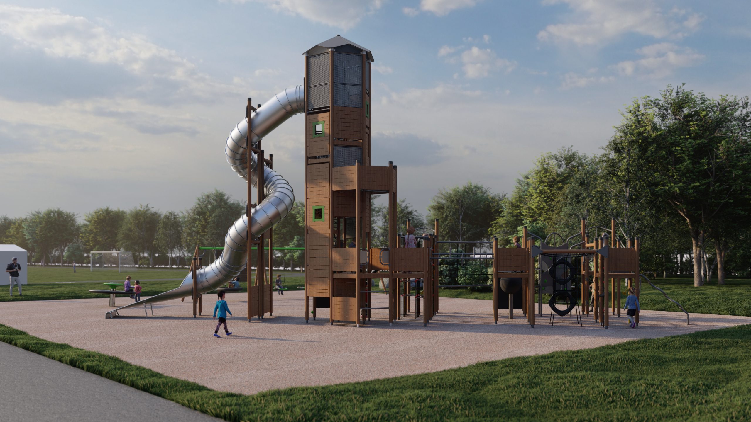 Custom design playground unit, tall play tower in wood.